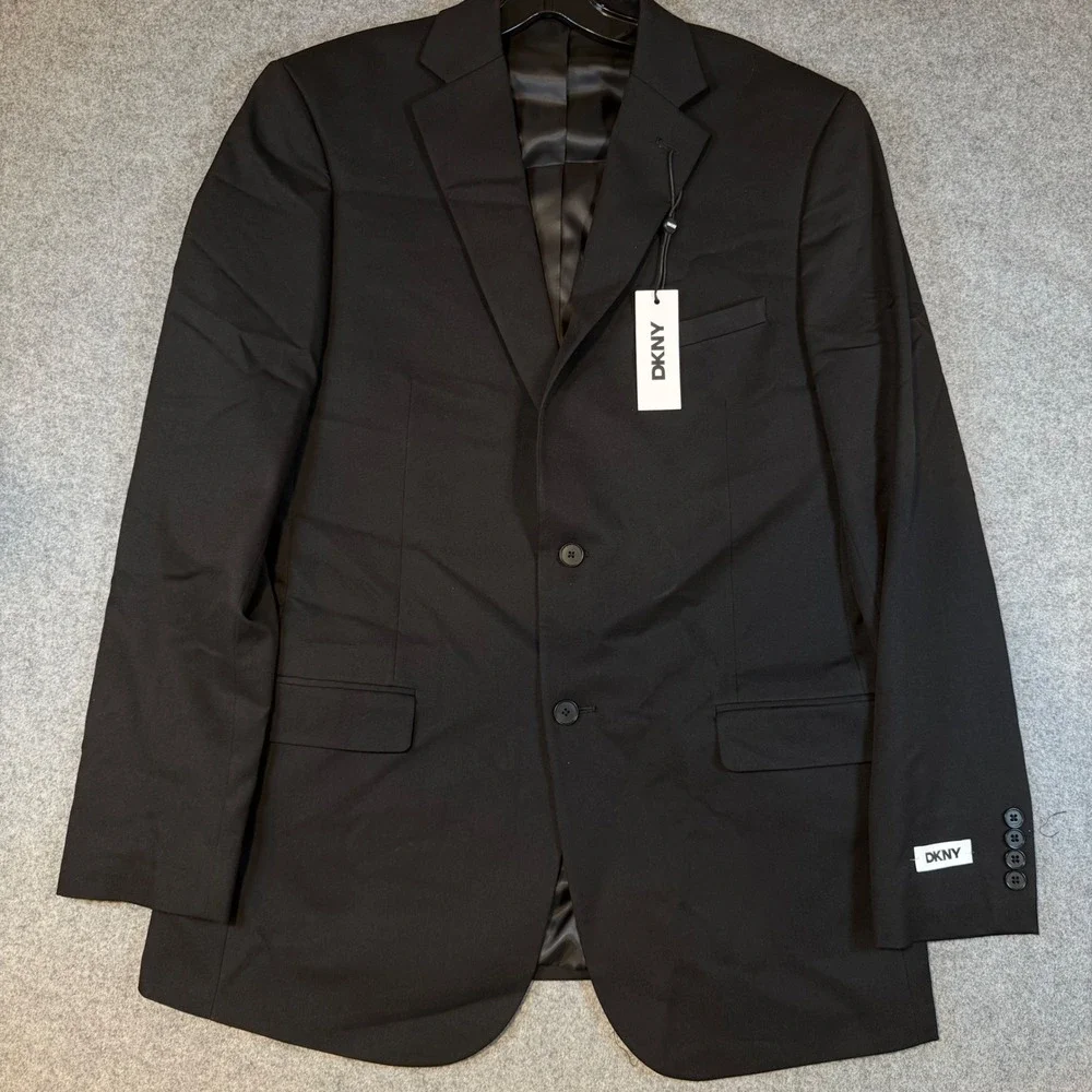 DKNY Duran Mens 2 Piece Suit Black 42 Long 35W Stretch Blazer Pants DNUR217W0021